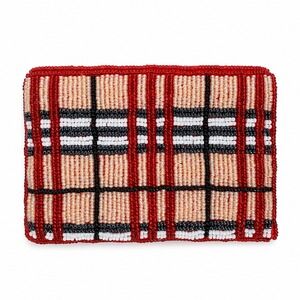 Vintage Coin Purse Plaid Beaded Red Tan White Black Zippered Card ID Pouch